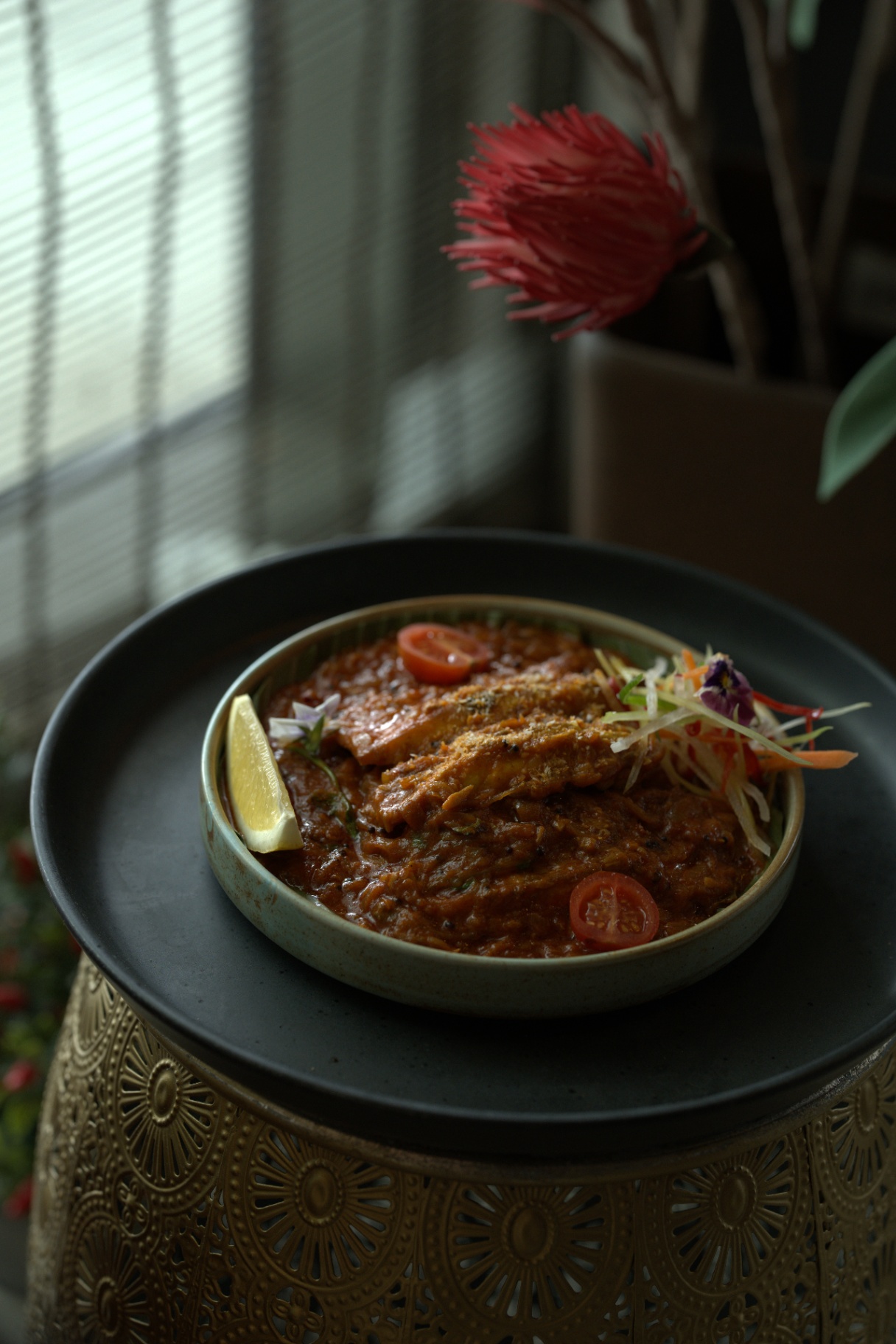Moody fish tikka masala with cherry tomatoes