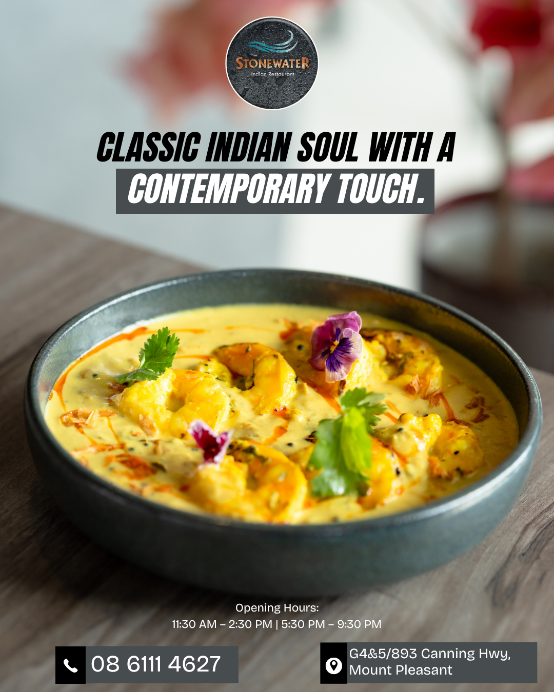 Stonewater prawn curry with Classic Indian soul with a contemporary touch message