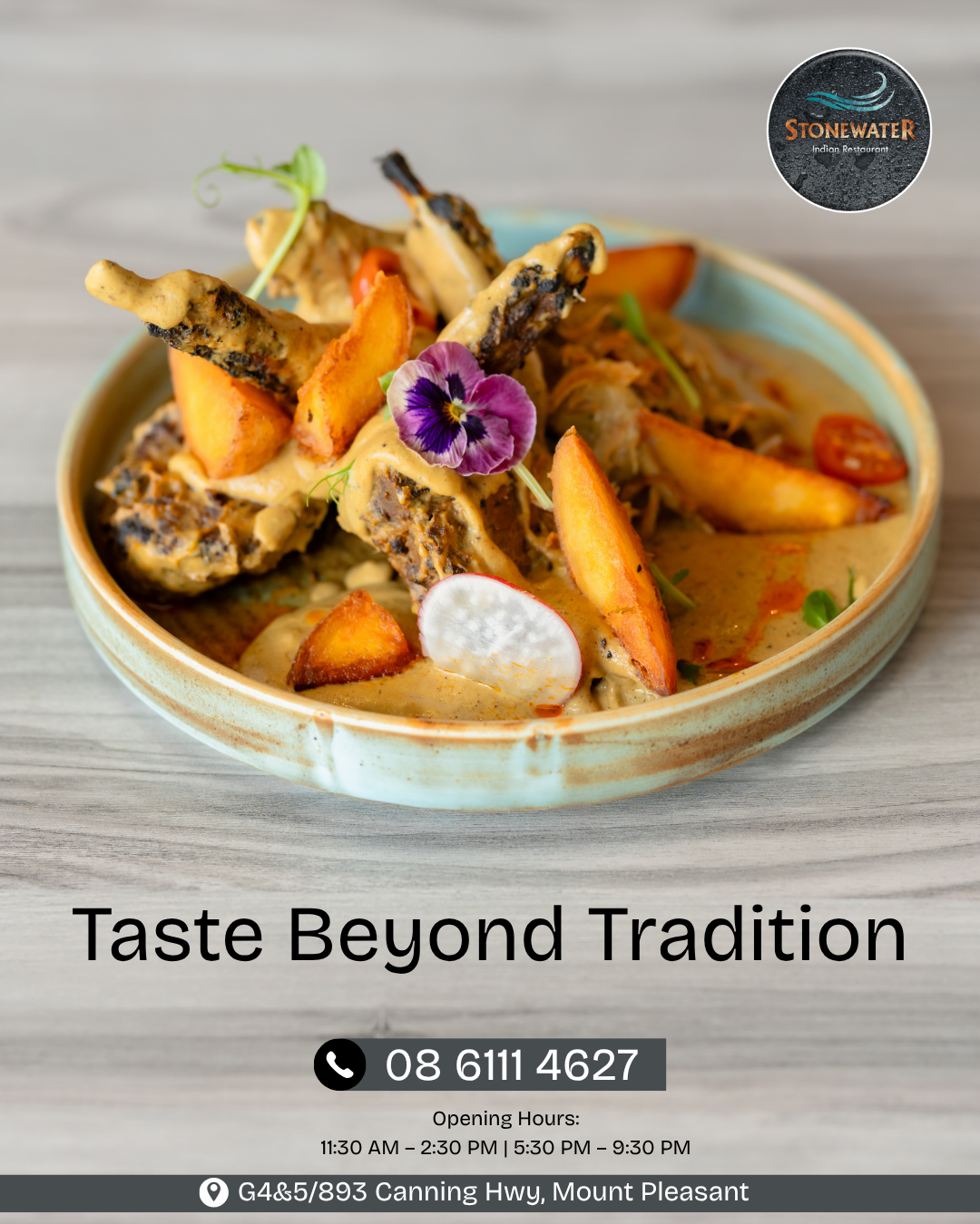 Stonewater plated specialty with Taste Beyond Tradition message