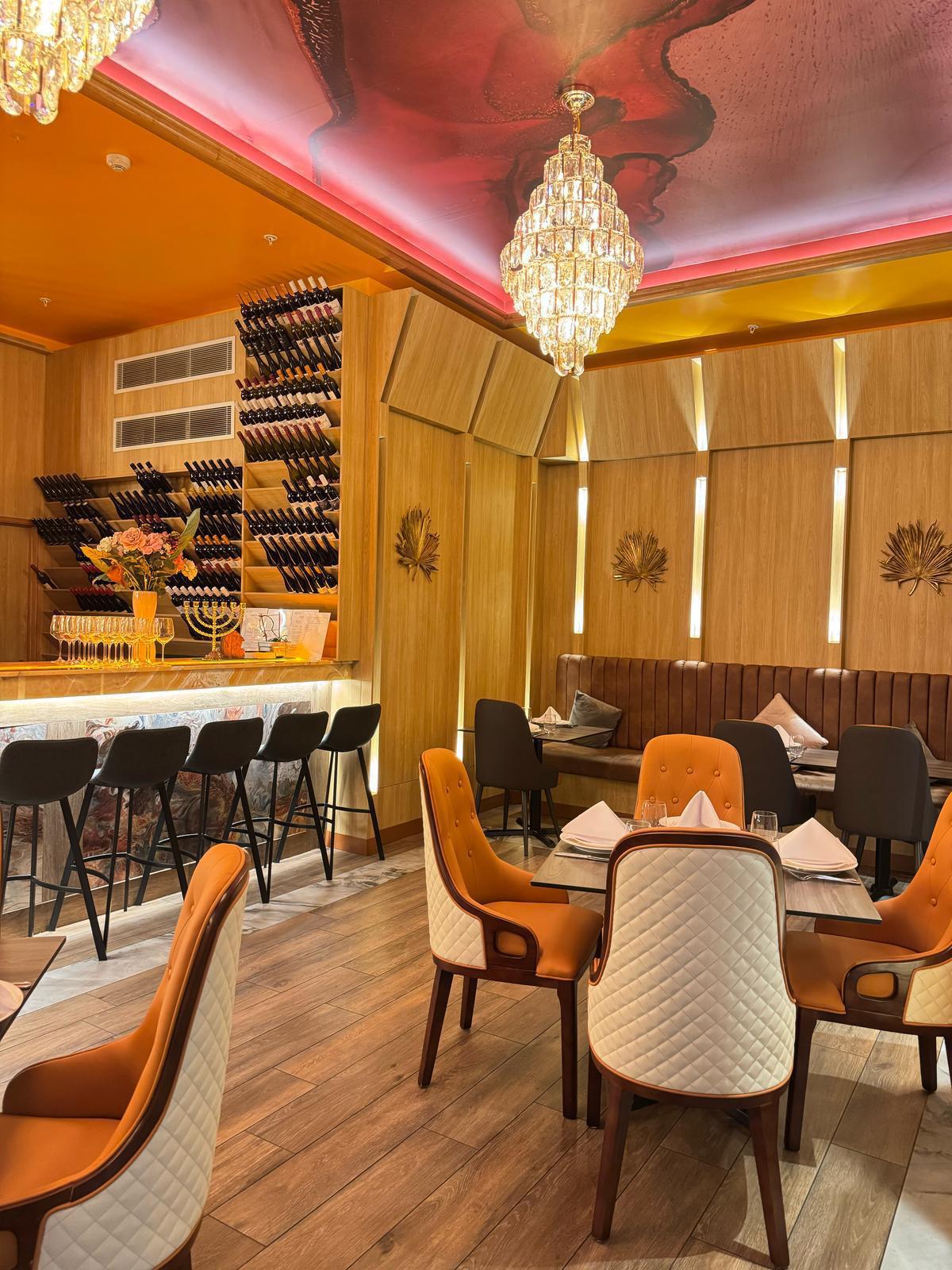 Wine wall and banquette dining