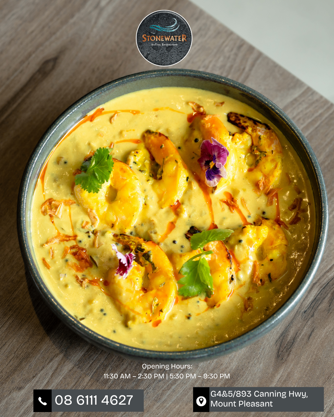 Signature prawn curry in a stone bowl